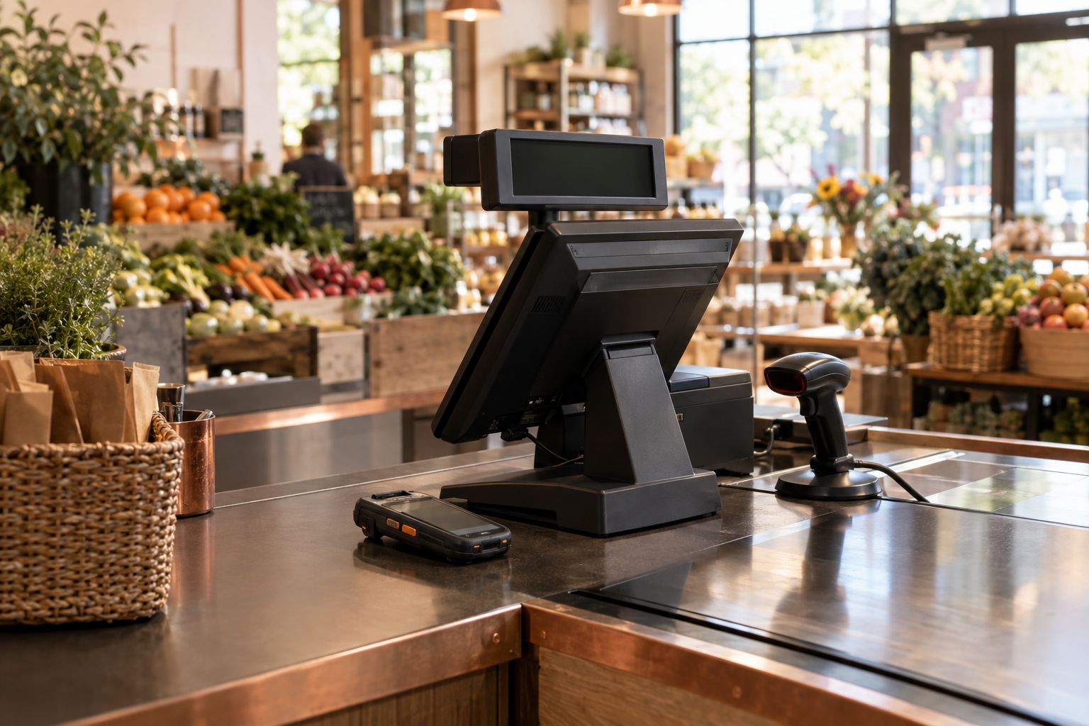 A grocery checkout lane with a modern point-of-sale terminal, handheld mobile computer, and barcode scanner in morning light