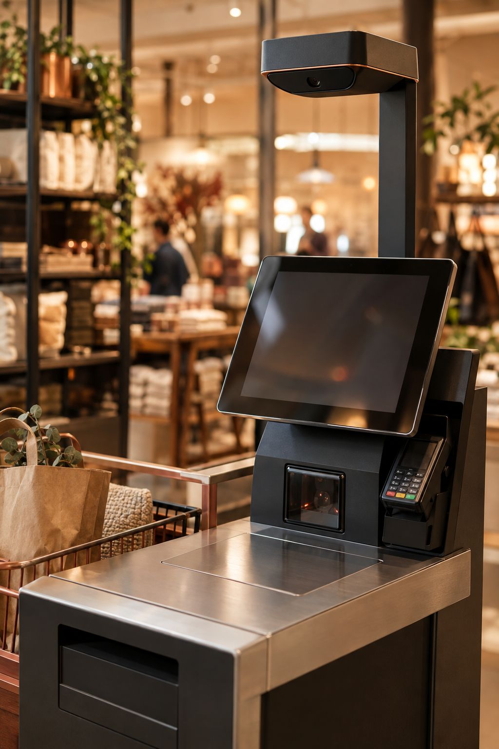 A self-checkout kiosk in a specialty store with a discreet camera module mounted above it