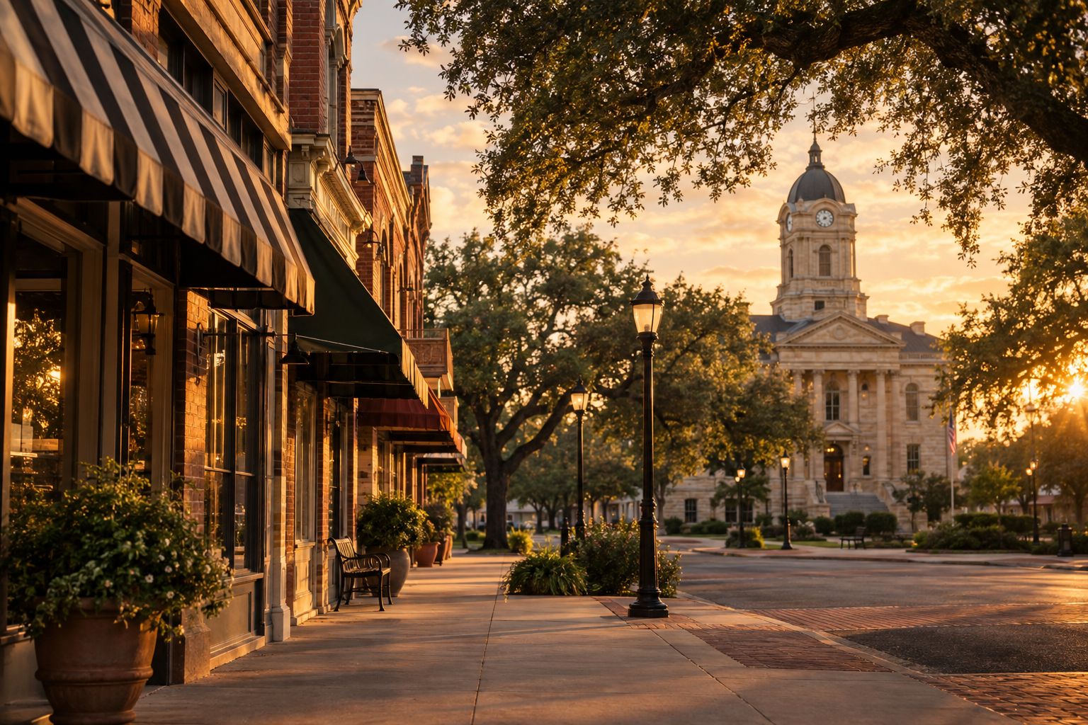 Historic brick storefronts and a limestone courthouse on a Texas downtown square at golden hour